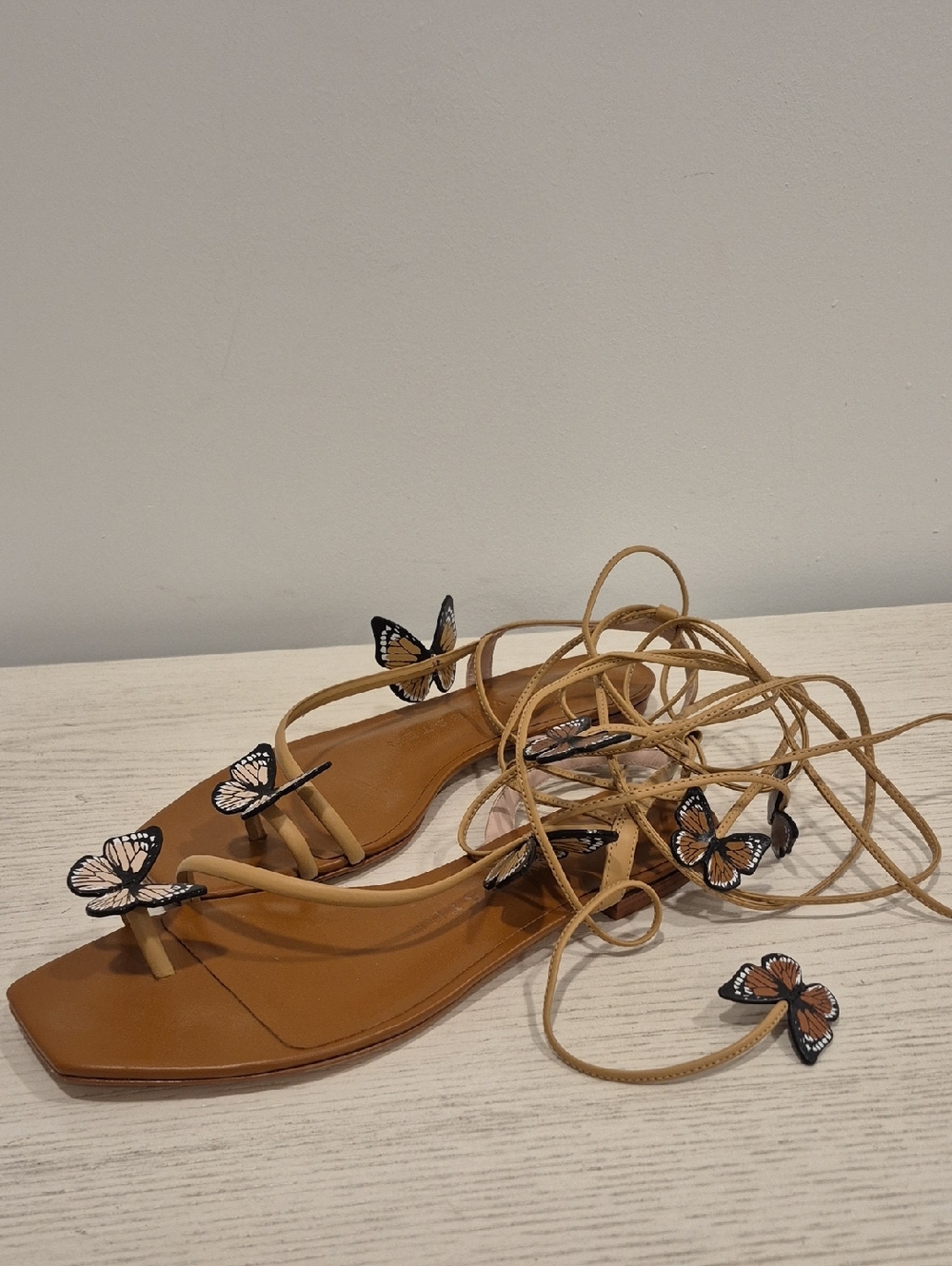 Sophia Webster Tan Lace-Up Sandals with Black & White Butterfly Accents